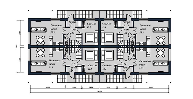Проект двухэтажного дома на 4 квартиры